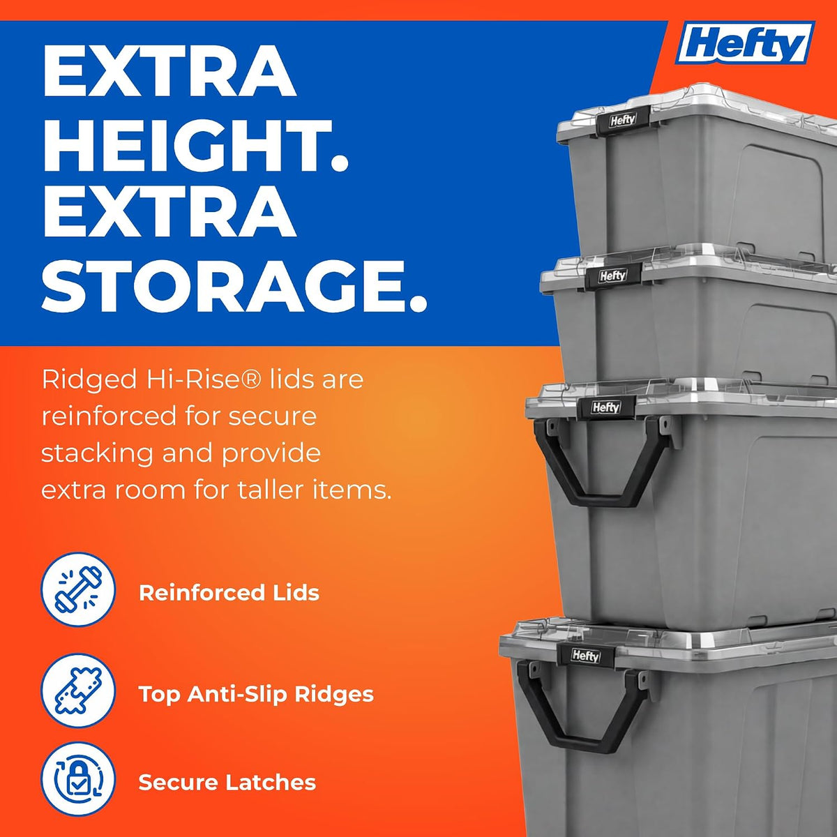 Hefty MAX Pro 12 Gallon Storage Bins with Latching Lids, Heavy Duty Stackable Plastic Storage Containers for Garage, Basement & Outdoor Use, Utility Storage Tote, 6 Pack, Gray