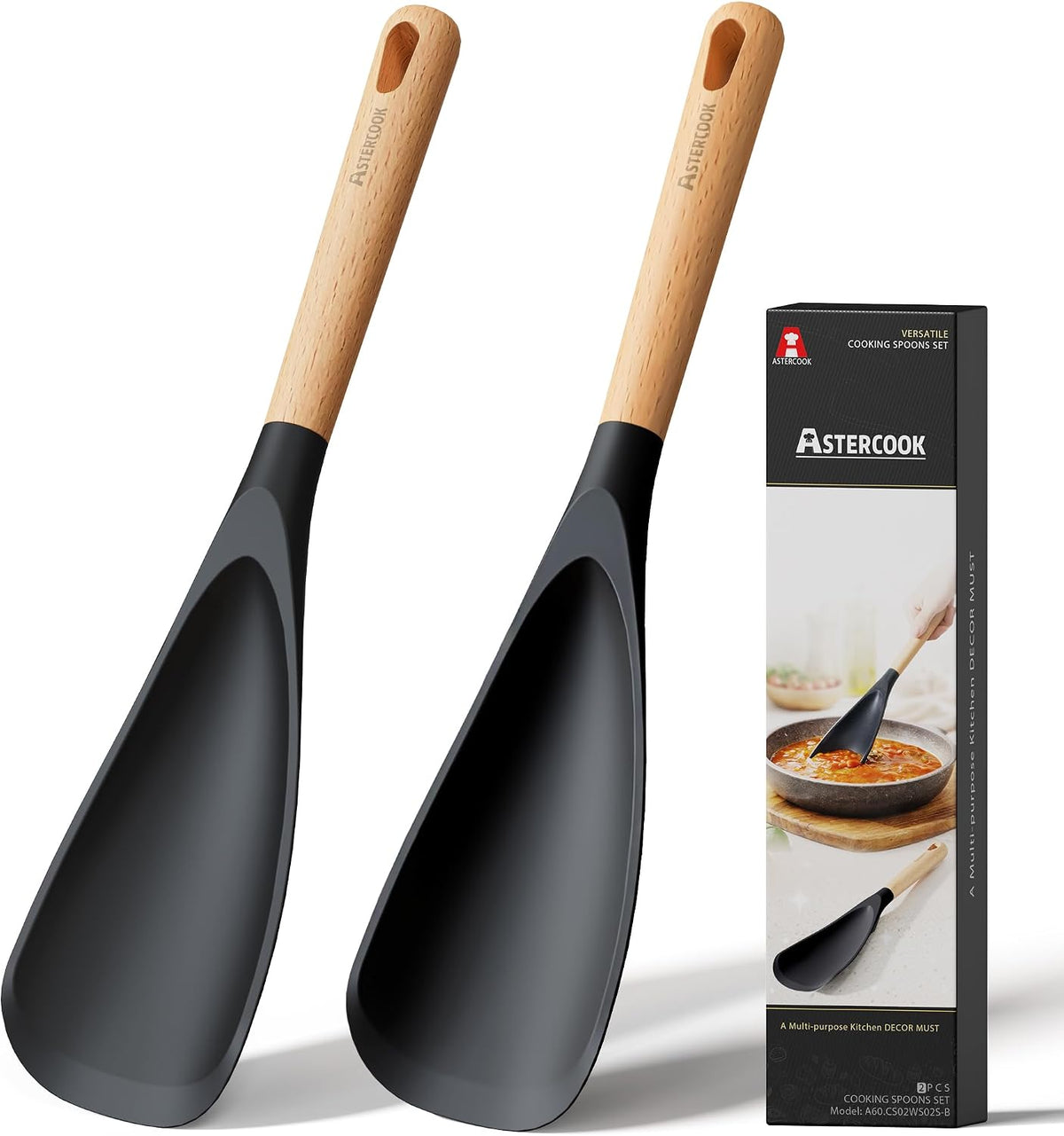 Astercook Cooking Spoon, 2 Pack, Nonstick Safe Silicone Spoonula Spatula