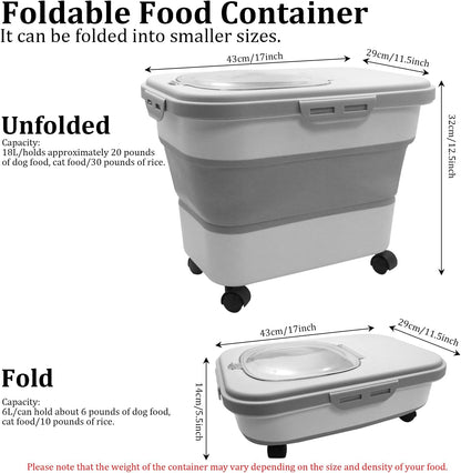 20-30 Lbs Rice and Pet Food Storage Container - Collapsible Airtight Food Storage with Rolling Wheel & Locking Lid, Flour Container with Cup & Scoop for Rice, Flour, Pet Food (Grey)