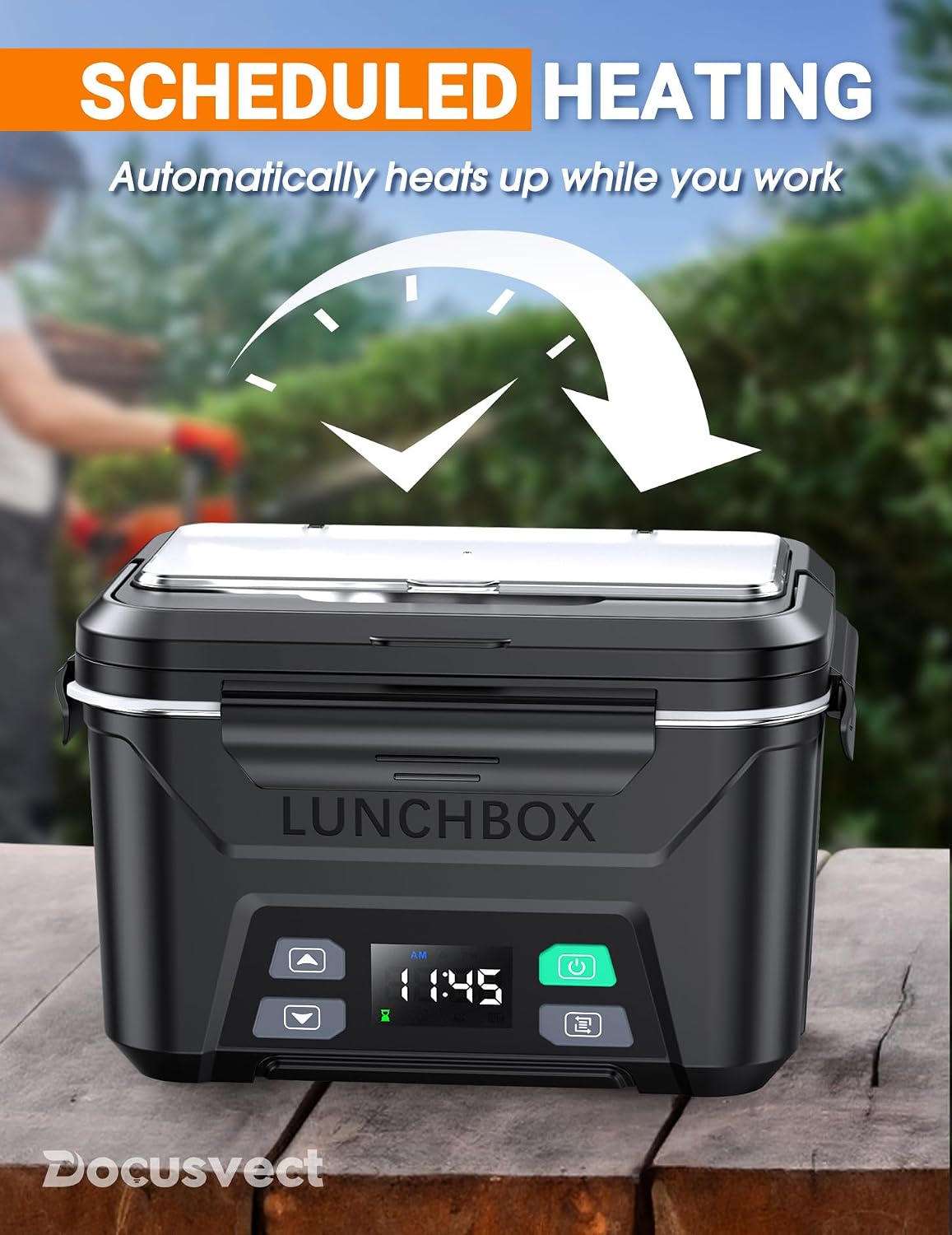 Docusvect Rechargeable Heated Lunch Box for Men, 1.3L Cordless Electric Lunch Box for Adults with Smart Scheduled Heating, Portable Food Warmer with Complete Accessories