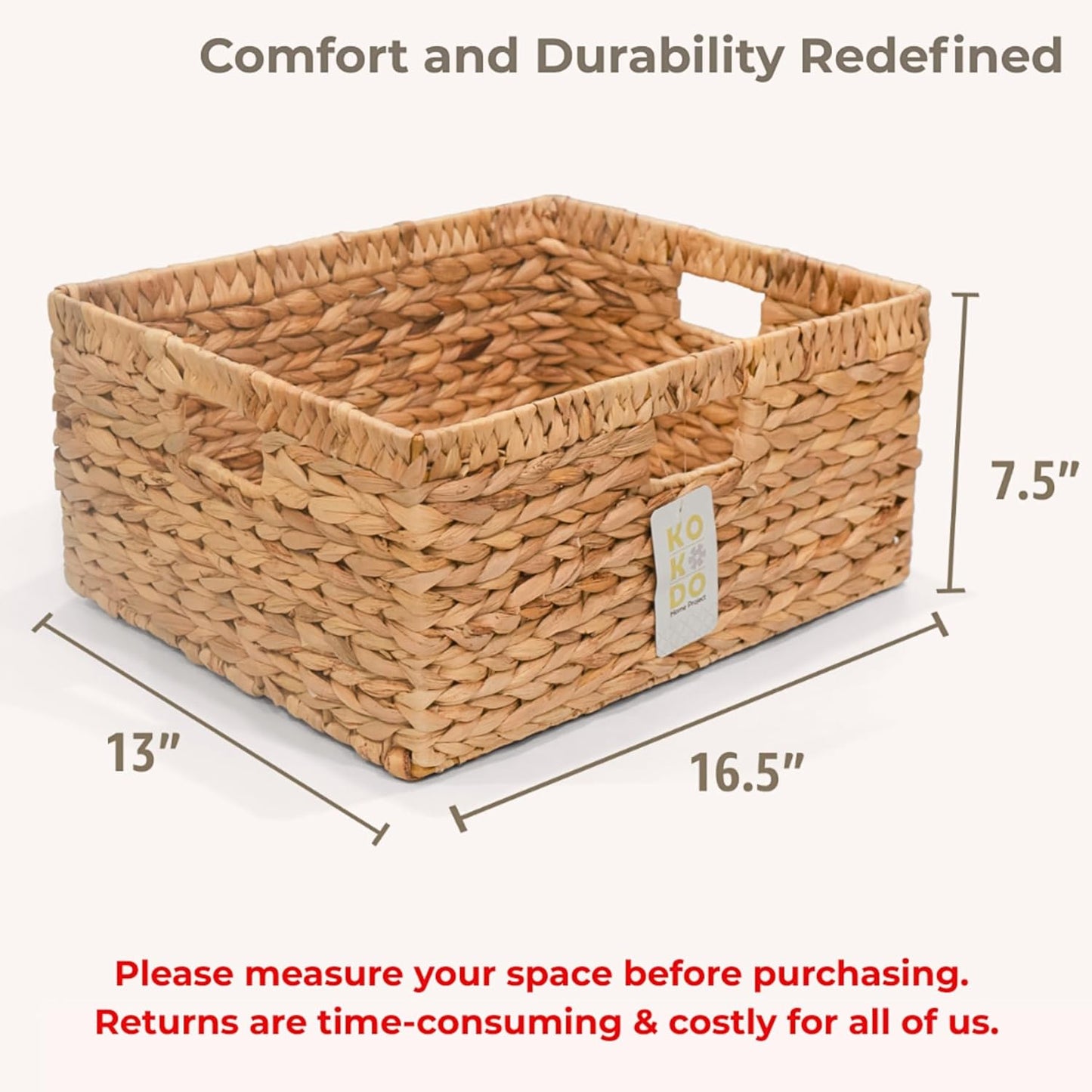 KOKODO Wicker Storage Basket Set of 2, Rectangular Baskets for Shelves with Handles & Chalkboard Labels, Handwoven Water Hyacinth Baskets for Organizing Pantry, Closet & Home.