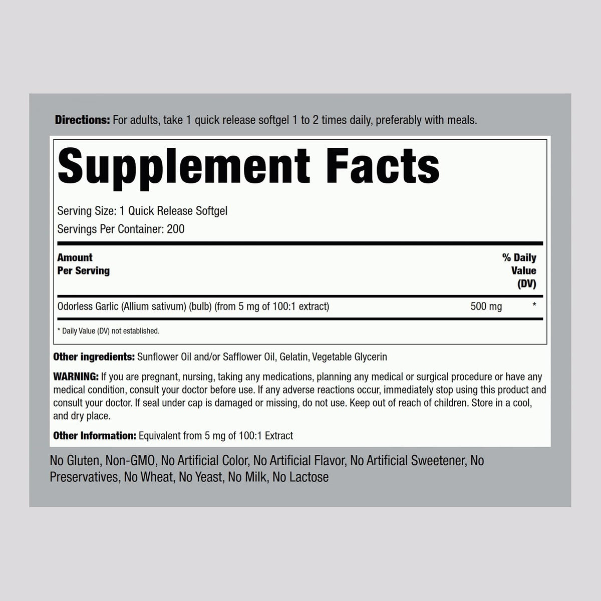 Piping Rock Odorless Garlic Supplement | 200 Softgels