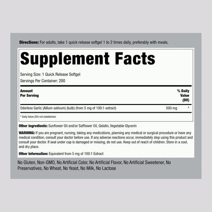 Piping Rock Odorless Garlic Supplement | 200 Softgels