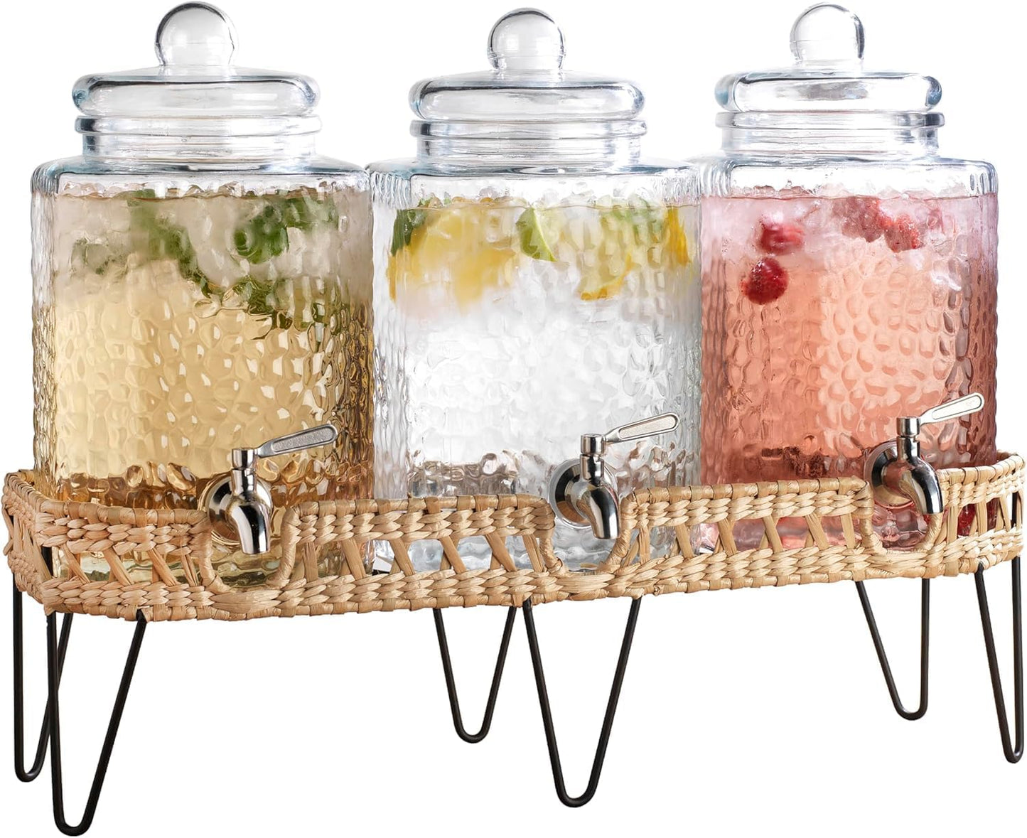 3 Gallon Glass Drink Dispenser with Metal Stand & Lid – Hammered Beverage Dispenser with Leakproof Spigot, Wide Mouth for Easy Fill – Ideal for Parties, Lemonade, Iced Tea, Sangria & More