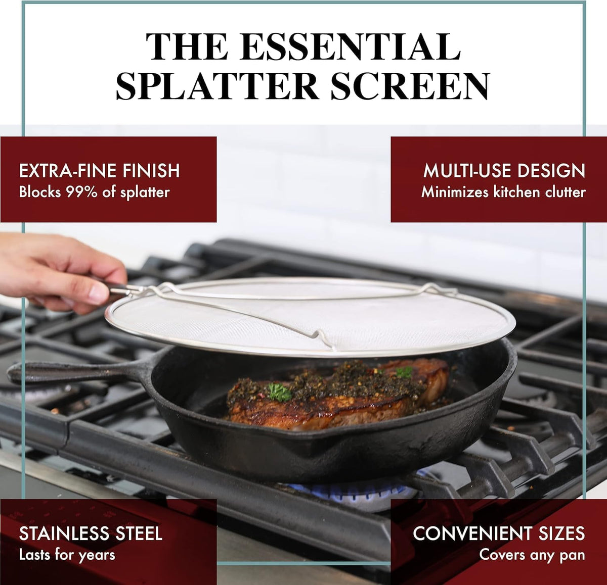 Stainless Steel Grease Splatter Guard,15-inch Fine Mesh Cover, Grease & Oil, Splatter Screen for Frying Pan, Cooking Pots, with Comfort Grip Handles