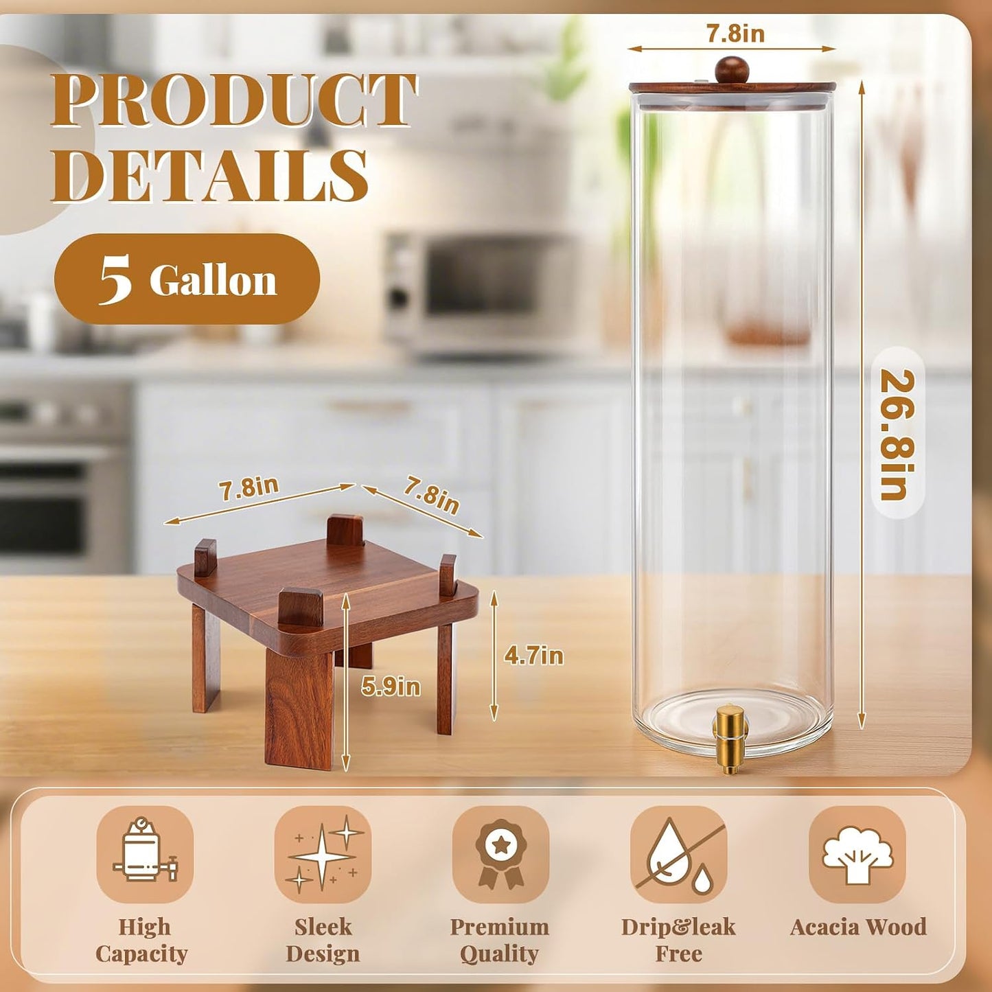 FillTouch 2 Pack 5 Gallon Glass Drink Dispenser with Acacia Wood Stand and Lid, Large Glass Beverage Dispenser with Spigot Perfect for Juice, Tea, Sangria, Lemonade, Weddings, Party, Outdoor Events