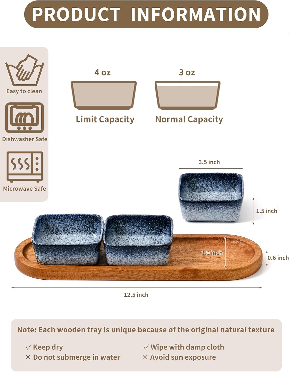 Chip and Dip Serving Set, Ceramic Dipping Sauce Bowls with Wooden Tray, 3.5 inch Side Dishes Set of 3 for Entertaining, Party, Buffets, Appetizers, Snacks and Sushi, Blue