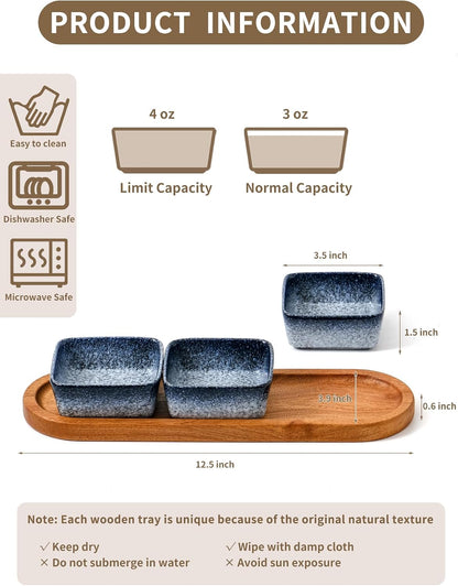 Chip and Dip Serving Set, Ceramic Dipping Sauce Bowls with Wooden Tray, 3.5 inch Side Dishes Set of 3 for Entertaining, Party, Buffets, Appetizers, Snacks and Sushi, Blue