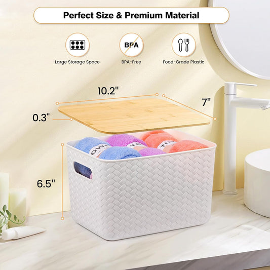 Ohmlove 4 Packs Storage Bins with Bamboo Lids - Plastic Storage Containers with Lids Stackable Storage Box：Storages Baskets for Organizing Desktop Closet Playroom Classroom Office,White