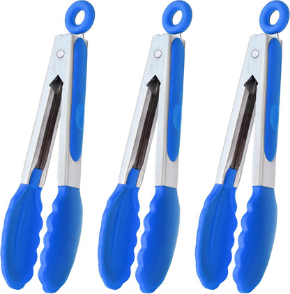 HINMAY Small Silicone Tongs 7-Inch Mini Serving Tongs, Set of 3 (Black Gray White)
