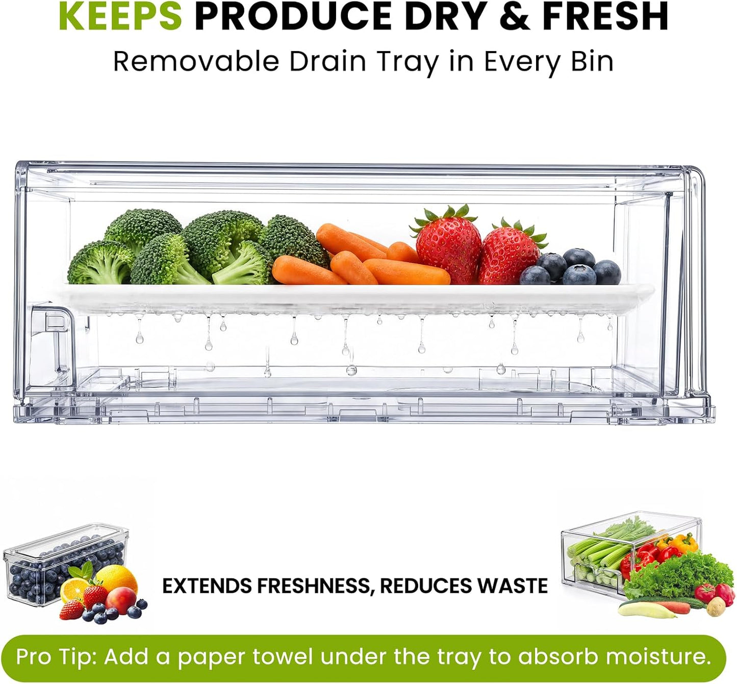 6Pack Fridge Organizers and Storage,Stackable Fridge Organizer Bins with Lids, 2 Pull Out Fridge Organizers and 4 Storage Container with Drain Tray for Fruits, Vegetables, Drinks, Snack and Food