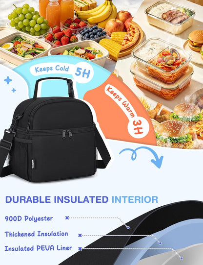 VASCHY Lunch Box Bag for Kids, Insulated Double Compartments Cooler Lunch Tote for Toddlers Boys Girls School/Daycare/Picnic Black Dinos