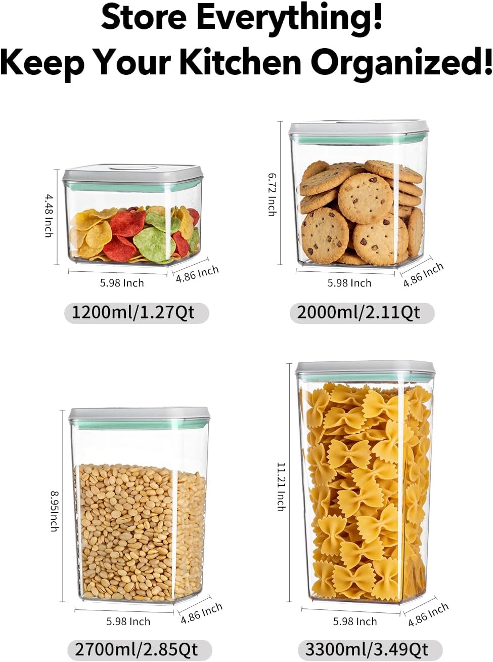 Airtight Food Storage with One-Touch Lid, (3 × 1.27 QT / 1.2 L) Stackable Durable PET for Sugar, Grains, Coffee Beans, and Baking Pantry Organization