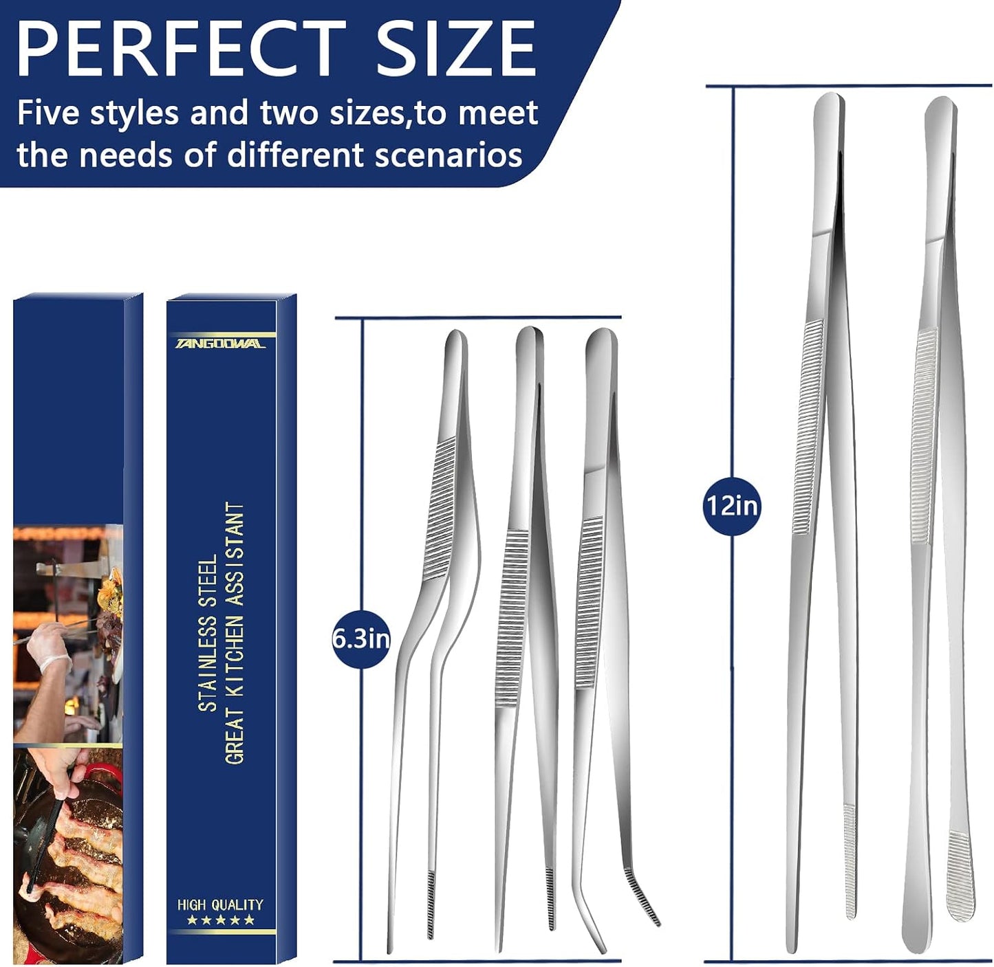 5 Pcs Kitchen Fine Tweezers Tongs, Stainless Steel Food Tongs Set, Professional Kitchen Long Tongs for Cooking,Repairing,Sea food,BBQ,Multi-use(12"and 6.3")