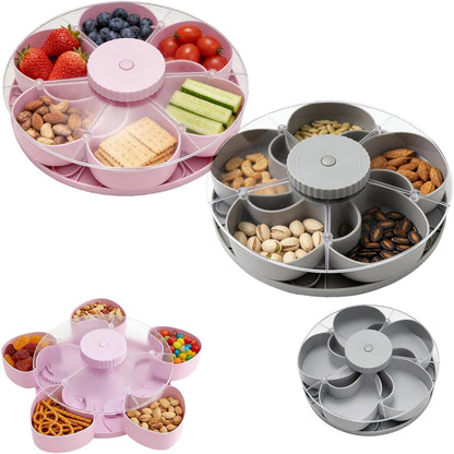 Divided Serving Tray that Spins, Rotating Snack Tray with Lid, 5-Compartment Spinning Candy & Nut Organizer, Divided Serving Platter for Parties, Reusable Snack Container for Fruits (Pink, 1 Pcs)
