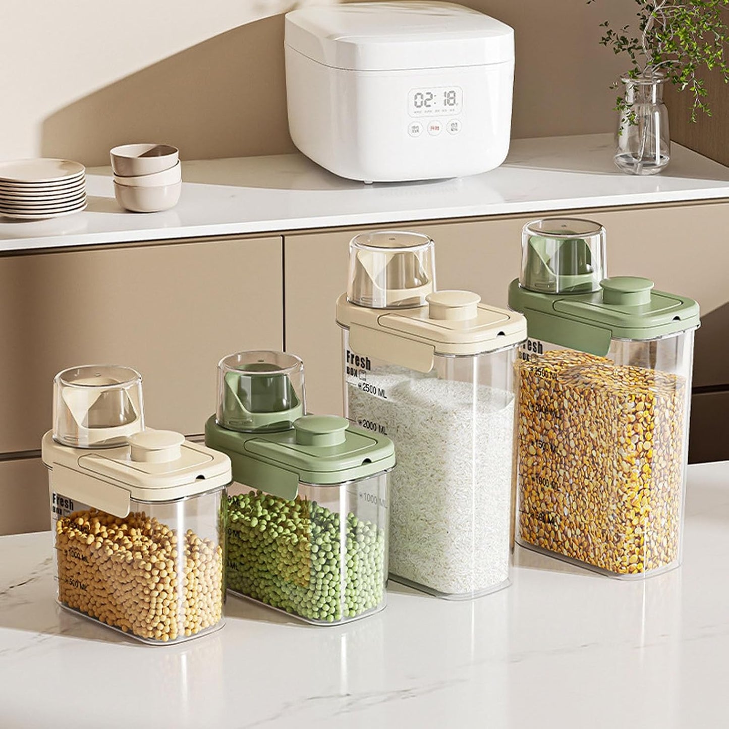 Air Tight Cereal Container Organizer-2PC 98.5oz Food Storage Container with Outlet Measuring Cup Lid, Ideal for Dry Food, Rice, Sugar, Pet Food dispenser - BPA free（Green）