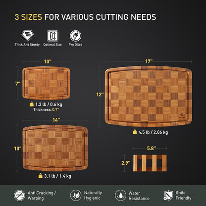 3 Pack Bamboo Cutting Board Set Non Toxic Wooden Cutting Board for Kitchen Non Slip Solid End Grain Thick Wood Juice Groove Chopping Board Edge Grain Teak Smart Marble Flexible Round Stone Metal