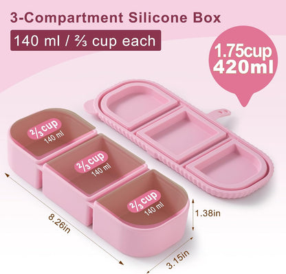 Silicone Reusable Snack Containers with Lids, 4 Pack 3 Compartment Bento Snack Boxes, Leakproof Food Storage Containers for Meal Prep, Lunch, Fruits, Kids & Adults, Dishwasher Safe