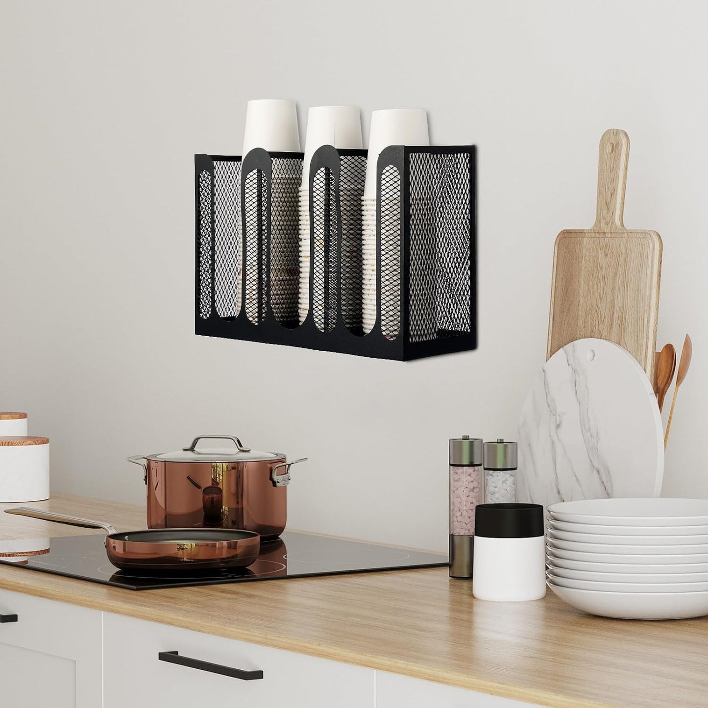 Maxcheck Metal Mesh Cup and Lid Holder Coffee Paper Cup Dispenser Lid Holder Storage Organizer Countertop or Wall Mount for Coffee Bar, Kitchen, Breakroom(4 Compartments,16.1 x 4.1 x 8 Inch)