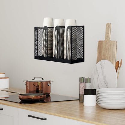 Maxcheck Metal Mesh Cup and Lid Holder Coffee Paper Cup Dispenser Lid Holder Storage Organizer Countertop or Wall Mount for Coffee Bar, Kitchen, Breakroom(4 Compartments,16.1 x 4.1 x 8 Inch)