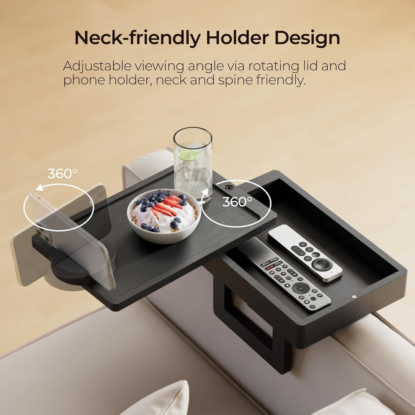 Wealone Mini Black Couch Arm Table for Narrow Armrest, Sofa Arm Tray with Storage Box, Rotating Tabletop & Phone Stand, Adjustable Sofa Arm Table Clip for Snacks or Dining, Width of Armrest 1-7 Inch