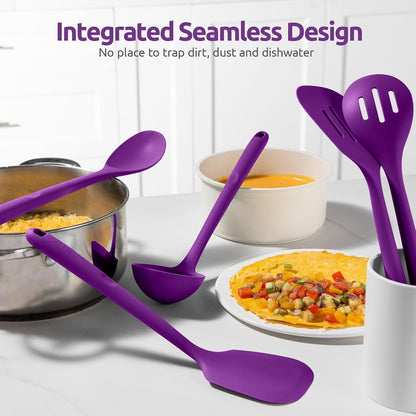 600ºF Heat Resistant Kitchen Utensil: U-Taste 13.6" Extra Long Silicone Cooking Tools Set, Food-Grade Non-Stick Solid and Slotted Turner Spatula, Mixing Spoon, and Soup Ladle (5 Pieces, Aqua Sky)