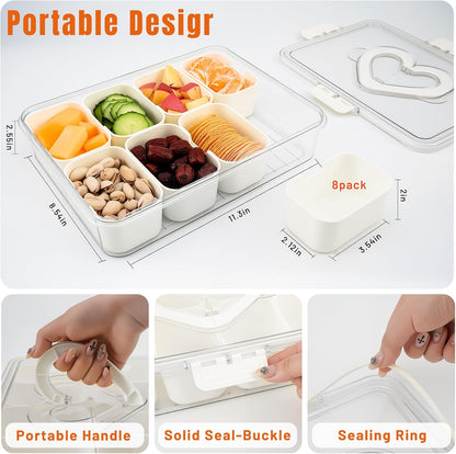 Portable Divided Snackle Box Serving Tray with Lid & Handle | Travel-friendly storage organizer. Multiple compartments for fruits, snacks, and sauces. Secure lid keeps food fresh.