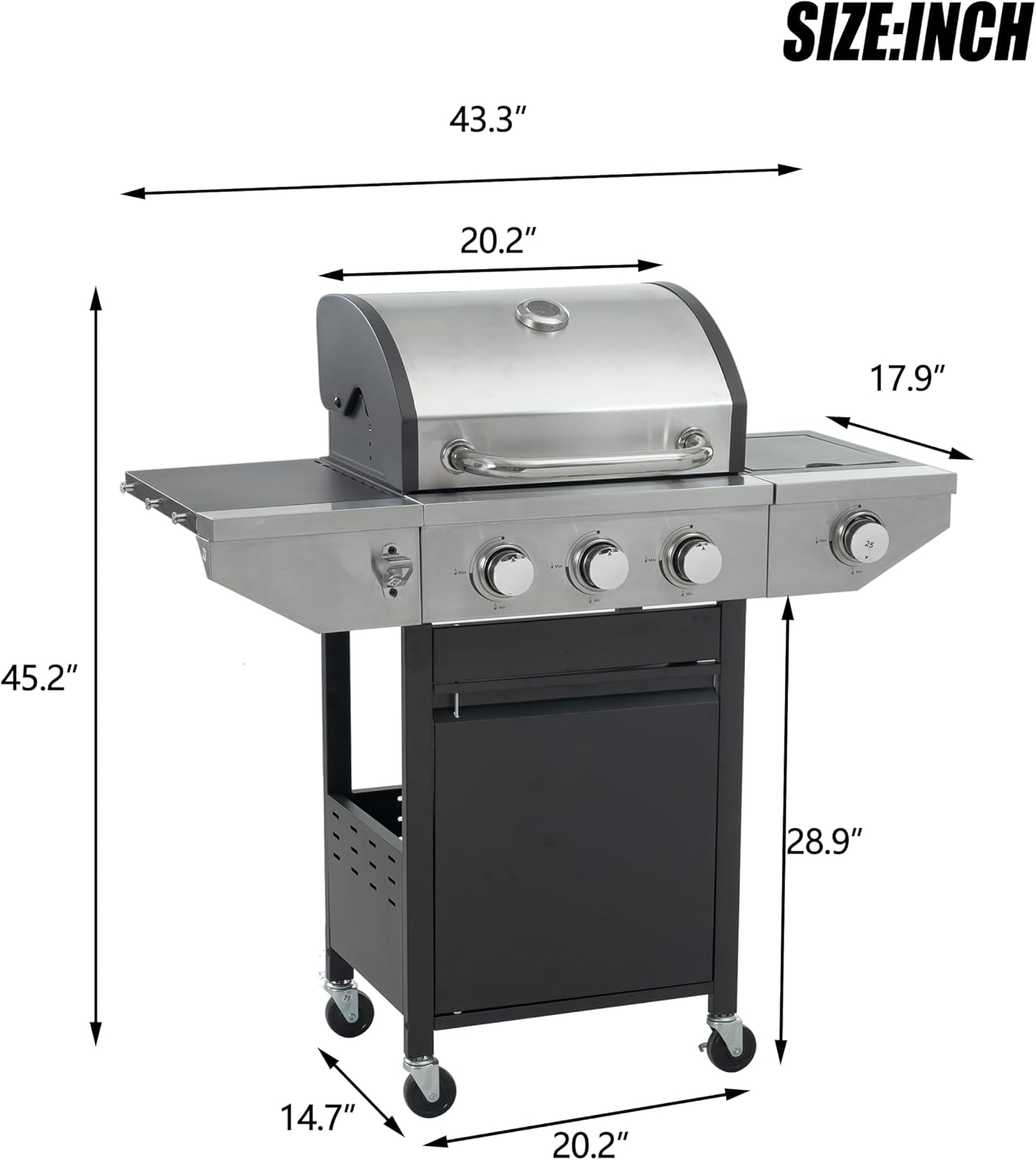 3-Burner Propane Gas Grill, 30,000 BTU Stainless Steel Outdoor BBQ Grill with Lid, Side Shelves & Wheels for Patio, Garden and Backyard Cooking