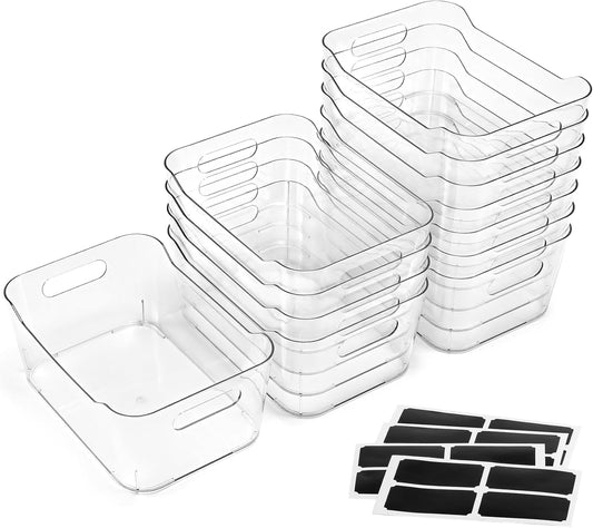 12 PACK Multi-Use Clear Plastic Storage Bins for Organizing w/ Labels - Home, Kitchen, Pantry, Bathroom, Office, Cabinet Shelf Organizer Bins - SOHO Collection, RV, Fridge Organization Containers -XL