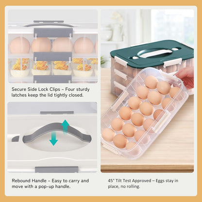 Deviled Egg Container with Lid, 54 Slots Egg Tray Carrier with Handle, Stackable Egg Tray, 12.2 x 8.4 x 6.3 inches (Green, 3 Layer)
