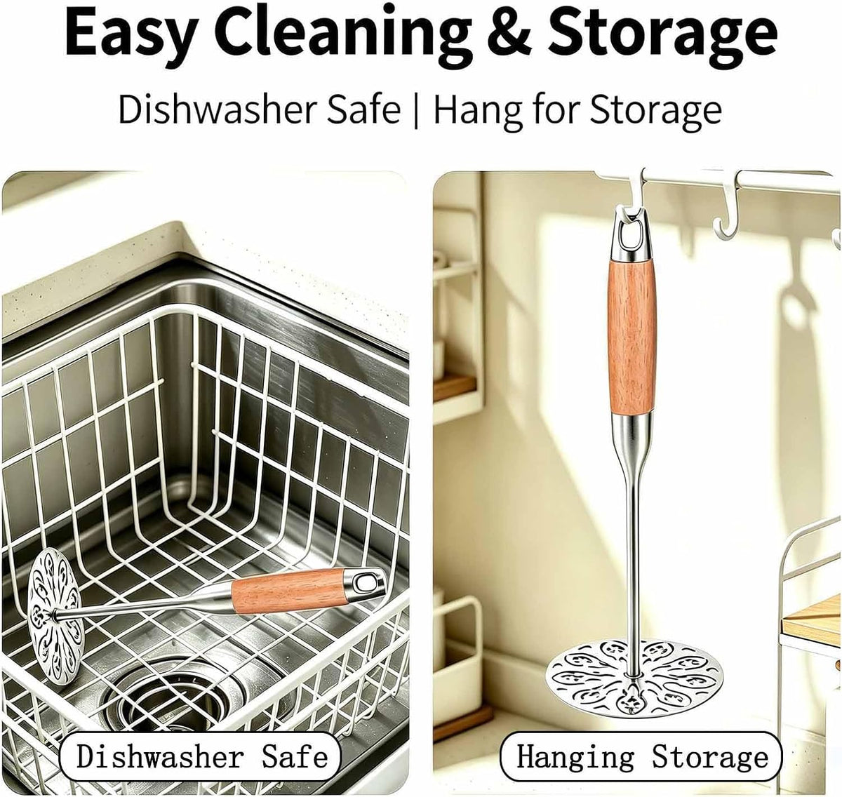 Potato Masher Stainless Steel,Wood Handle Food Smasher Kitchen Tool