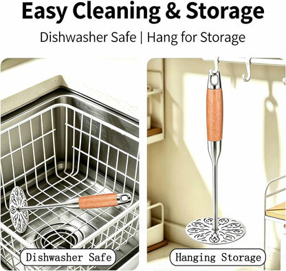 Potato Masher Stainless Steel,Wood Handle Food Smasher Kitchen Tool