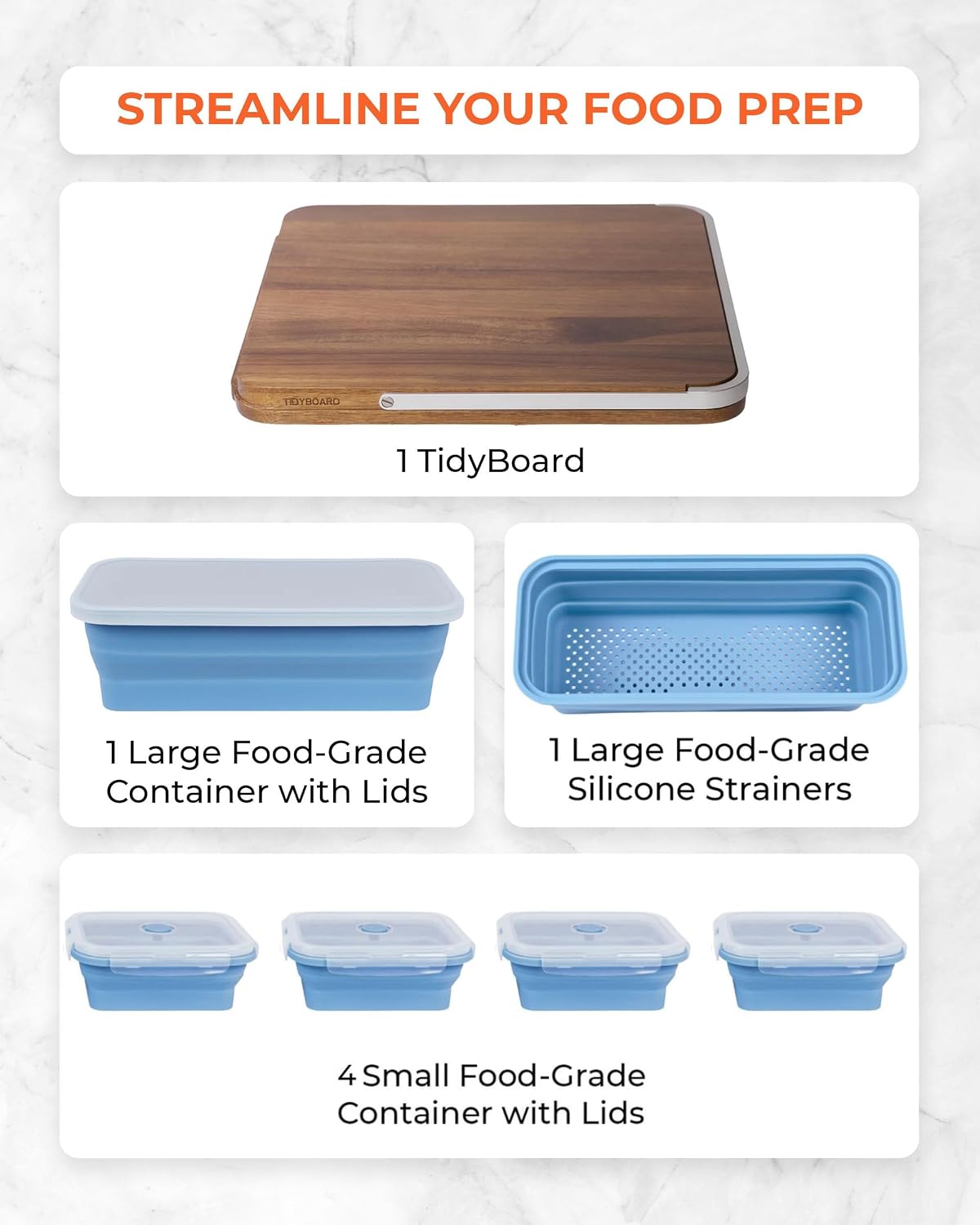 TidyBoard Meal Prep System Starter - Over-the-Sink Smart Chopping Board with 1 Large Strainer, Tubs, & Lids - 1” Thick Acacia Wood Cutting Board with Containers & Strainer, 12 pieces