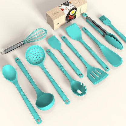 Silicone Cooking Utensils Set - 600°F Heat Resistant, Nonstick Kitchen Utensil Set with Spatulas, Spoons, Whisk, Tongs, BPA Free, Dishwasher Safe, Black
