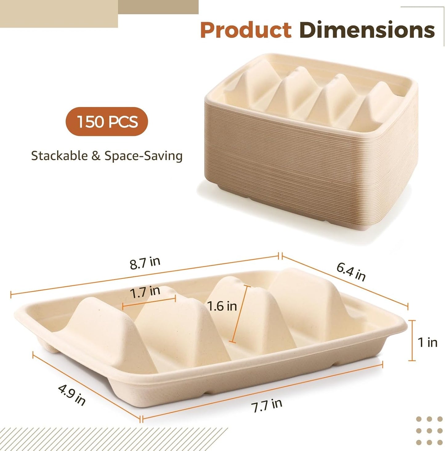 150 PCS Disposable Taco Holders, 3-Slot Bagasse Pulp Taco Plates, Plant Fiber Taco Stands with Dividers, Taco Tuesday Serving Trays for Tacos, Sandwiches, Hot Dogs, Pancakes