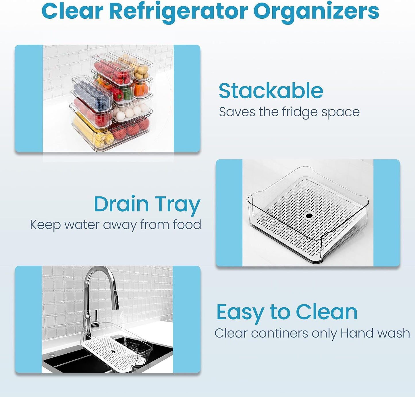 SMRCAD 8 Pack Refrigerator Organizers, Clear Pull-out Drawer Container and Organizer Bins with Lids, Stackable Storage Containers for Fruits, Vegetable (Set of 8 (Include Pull Out Drawer))
