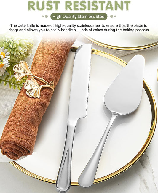 2-Piece Premium Cake Cutting Set, Exquisite Knife and Server with Serrated Design, Includes Cake Knife and Pie Spatula for Pastry, Pizza and Desserts (Silver)