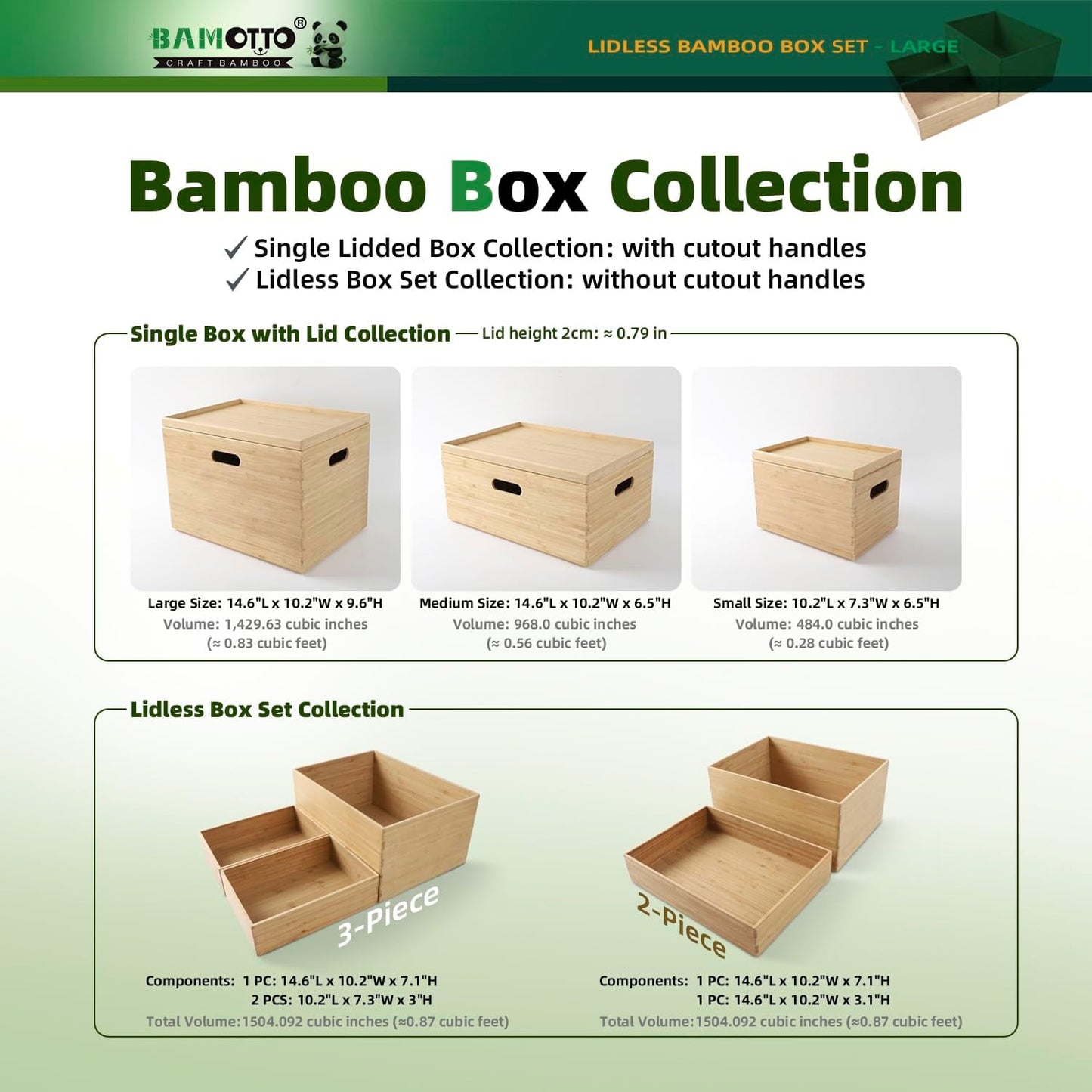 BAMOTTO CRAFTBAMBOO 2-Piece Large Bamboo Storage Box Set - 7.1in High Stackable Deep-Drawer Organizer, Lidless Bin for Kitchen Cutlery Utensils, Home & Office (14.6"x10.2"x7.1"+14.6"x10.2"x3.1")