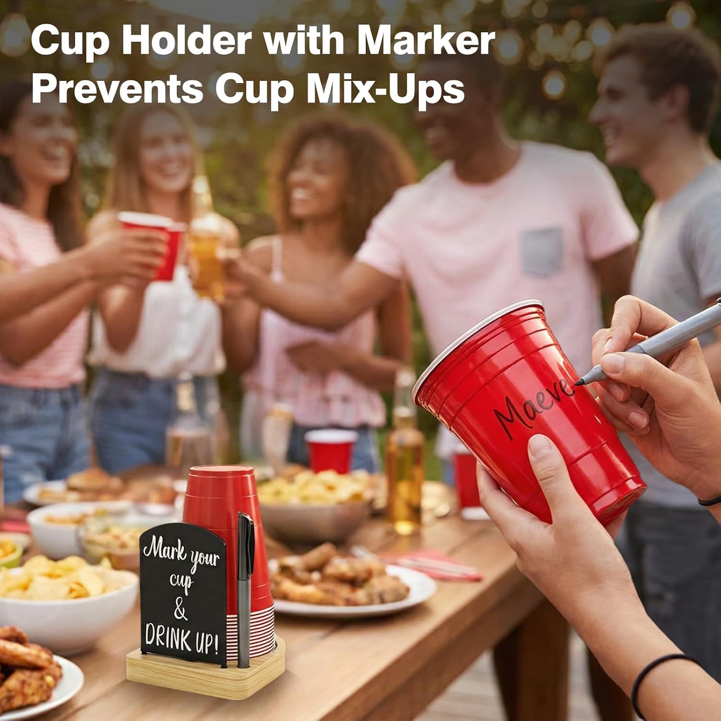 Decorative Solo Cup Holder with Marker Slot, Disposable Cup Dispenser Prevents Drink Mix-Ups – A Hosting Essential for Birthdays, BBQs, Gatherings & Housewarming, Brown