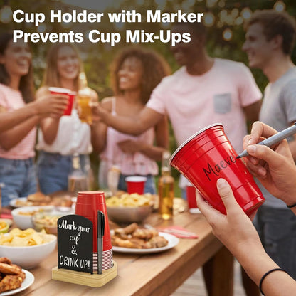 Decorative Solo Cup Holder with Marker Slot, Disposable Cup Dispenser Prevents Drink Mix-Ups – A Hosting Essential for Birthdays, BBQs, Gatherings & Housewarming, Brown
