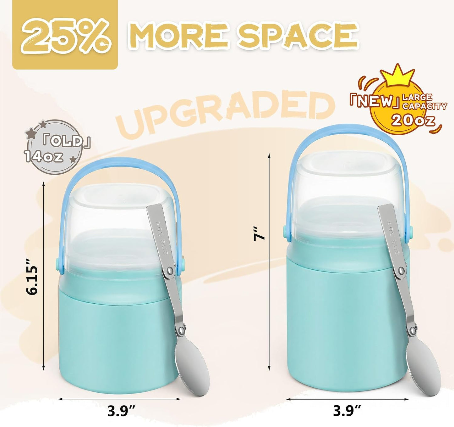 2 - in - 1 Soup Thermo for Hot Food 14oz with Snack Box Container Leak Proof Insulated Lunch Container Kids and Adults Stainless Steel Double Wall Vacuum Wide-mouth Thermal with Spoon and Handle