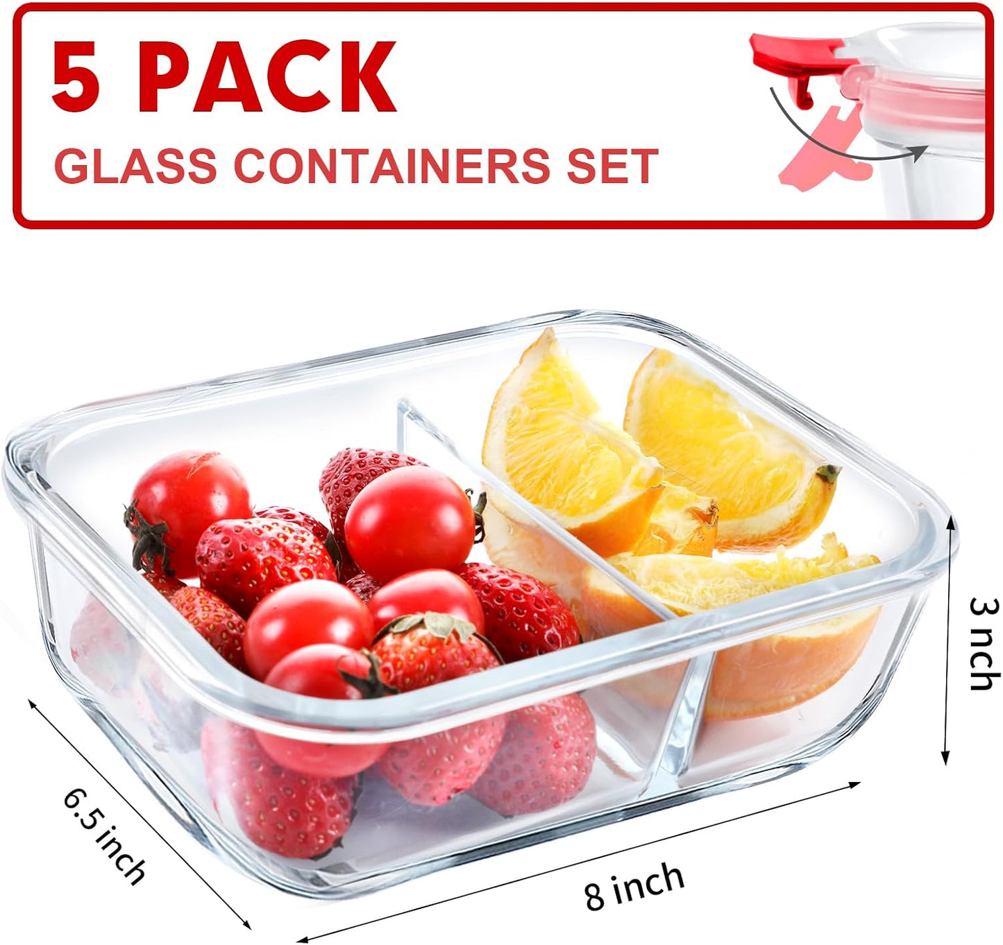 VERONES 5 Pack Glass Meal Prep Containers 2 Compartment Set, 36OZ Airtight Lunch Containers, Glass Food Storage Containers with Lids, for Microwave, Oven, Freezer & Dishwasher Friendly,White