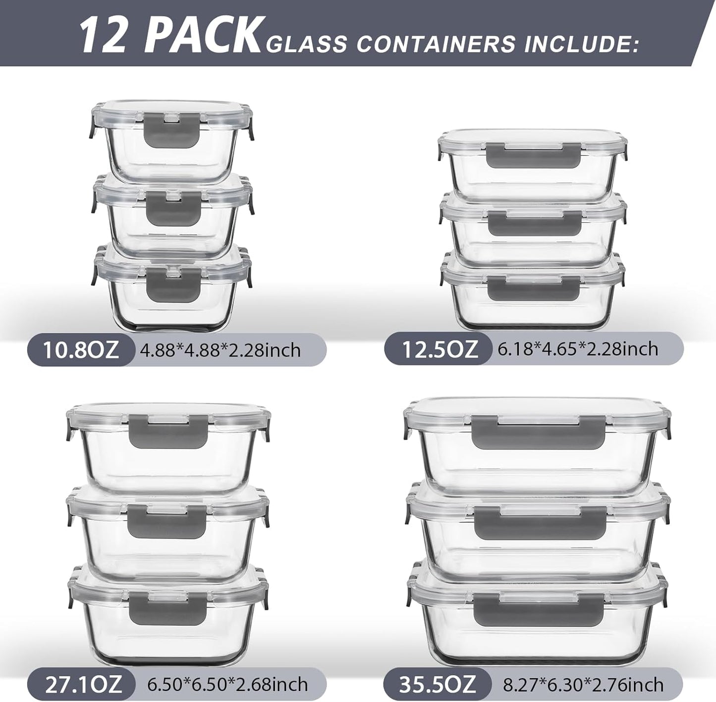 Glass Food Storage Containers with Lids, [18 Piece] Glass Meal Prep Containers, Containers for Food Storage with Lids, BPA Free & Leak Proof (9 Lid & 9 Container)