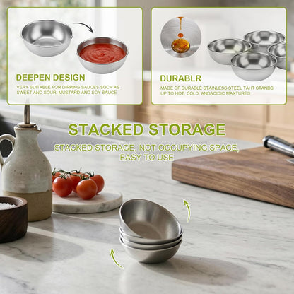 tifanso 8PCS Small Dipping Bowls - Stainless Steel Sauce Condiment Cups, Mini Soy Sauce Dish, Appetizer Plates for Charcuterie, Ketchup, Seasoning, BBQ, Party, Camping, Easy to Clean, Silver