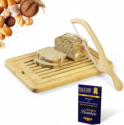 Bread Cutting Board, Bread slicer,Crumb Tray with holder,Bread Serving for Kitchen-Complete set for Slicing Homemade Bread- bow knife (16") Cutting Board (15x9,5") with Crumb