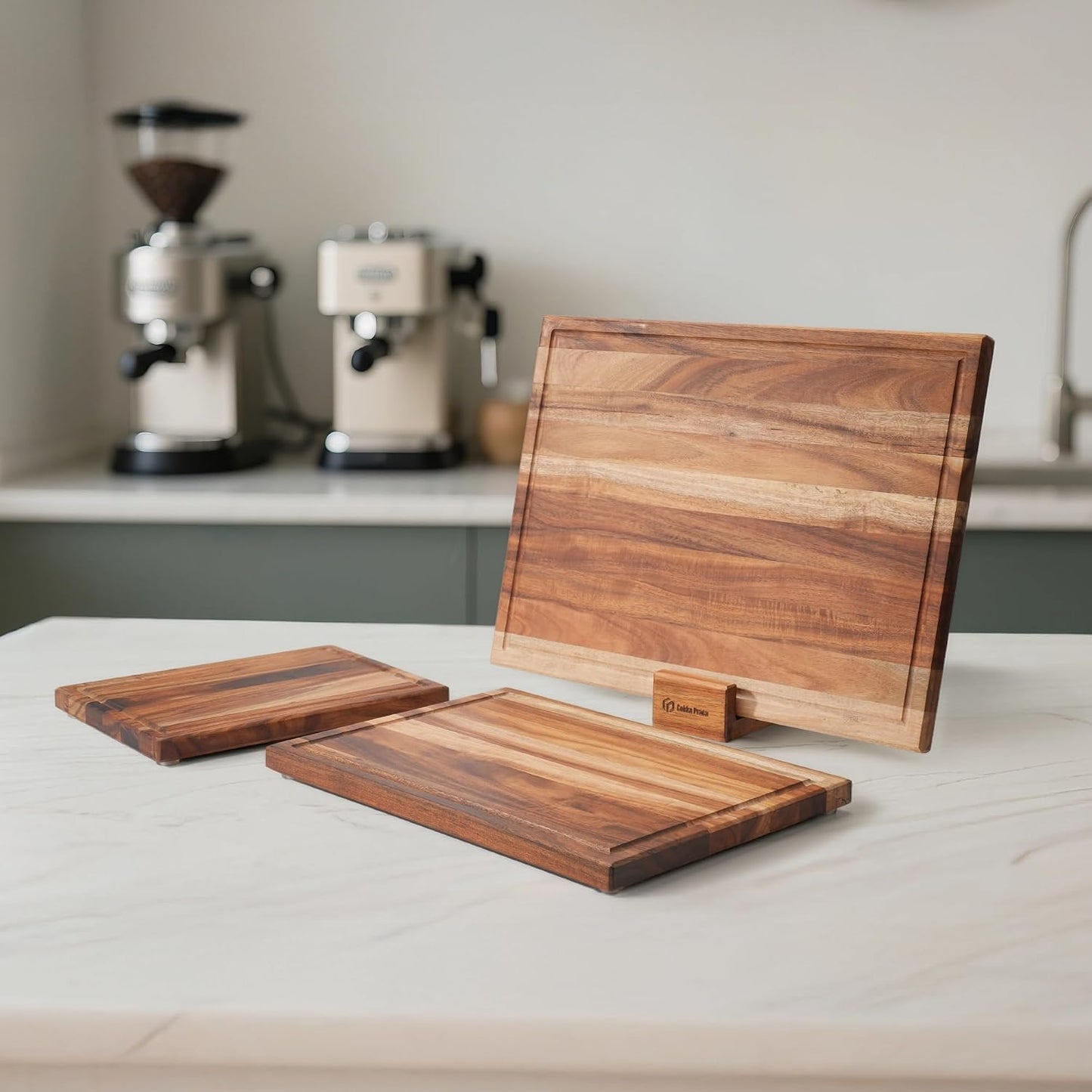 Acacia Wood Cutting Board Set with Stand | 3 Pcs Knife-Friendly Non-Slip Wooden Cutting Boards for Kitchen | 0.7″Thick Butcher Block | Large Solid Chopping Boards with Juice Groove
