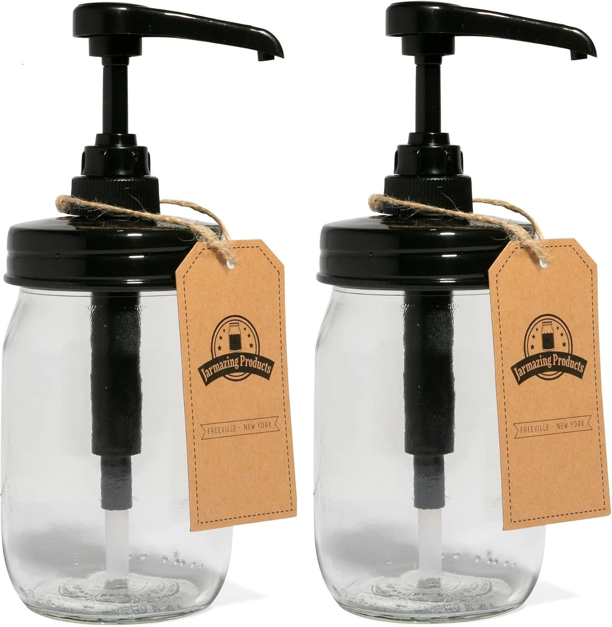 Jarmazing Products Mason Jar Syrup Dispenser - Set of 2 – 16 oz Ball Jars with Rust-Proof, Leak-Proof, Food Grade Pumps for Honey, Syrups, Condiments, Salad Dressings and More