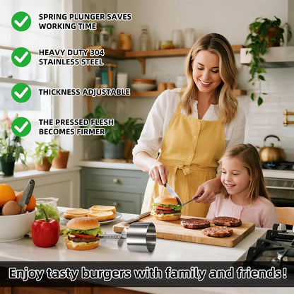 304 Stainless Steel Burger Press, Heavy Duty Adjustable Hamburger Meat Press Maker, Non-Stick Stuffed Patty Molds with150 PCS Hamburger Patty Paper for Beef, Vegetables, Meat, BBQ, Party Grill