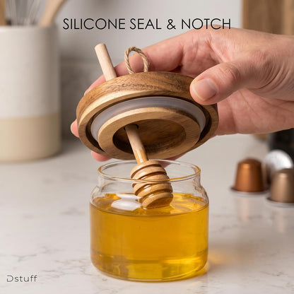 Honey Jar Pot Glass Holder Dispenser Set with Wooden Dipper Stick and Acacia Lid Cover - 14 Oz Honey Jar with Dipper and Lid - Modern Glass Honey Dispenser & Honey Drizzler for Home Kitchen Decor