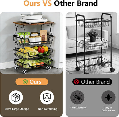 2 Pack 3-Tier Rolling Kitchen Storage Cart Fruit Basket Stand for Vegetables & Snacks Stackable Wire Pantry Floor Organizer with Wheels for Kitchen, Living Room, Bedroom, Office (Black)